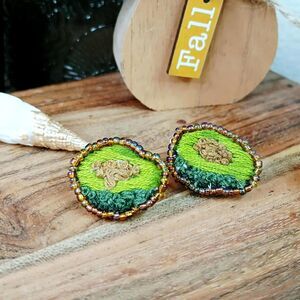 Avocado Beaded Embroidered Studs, Handmade OOAK Artisan Foody